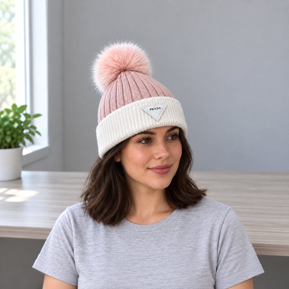Prada Pink White Pom Pom Knit Beanie - Picture 2 of 6